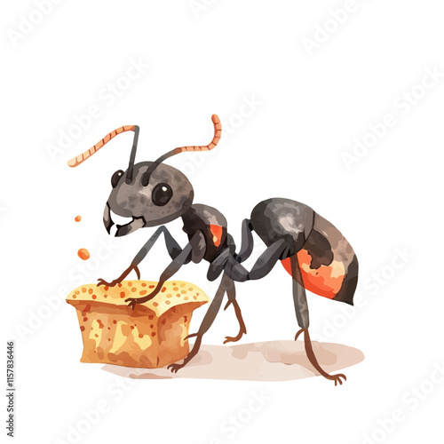 A watercolor painting of an ant carrying food, isolated on a white background. Ant vector.
