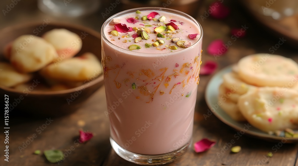 A refreshing pink rose lassi garnished with pistachios and rose petals, served alongside some delicious cookies. Perfect for a summer treat or festive occasion. A refreshing pink rose lassi garnished with pistachios and rose petals, served alongside some delicious cookies. Perfect for a summer treat or festive occasion.