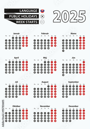 Vector template calendar 2025 with number in circles, simple Slovak calendar for year 2025.