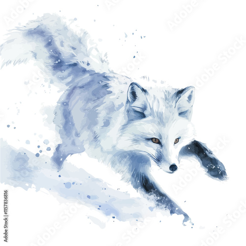 A watercolor illustration of an Arctic fox running through snow, isolated on a white background. Arctic fox vector.
