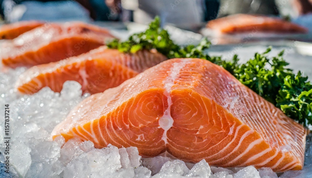 Fresh Salmon Fillets Displayed on Ice at a Coastal Fish Market