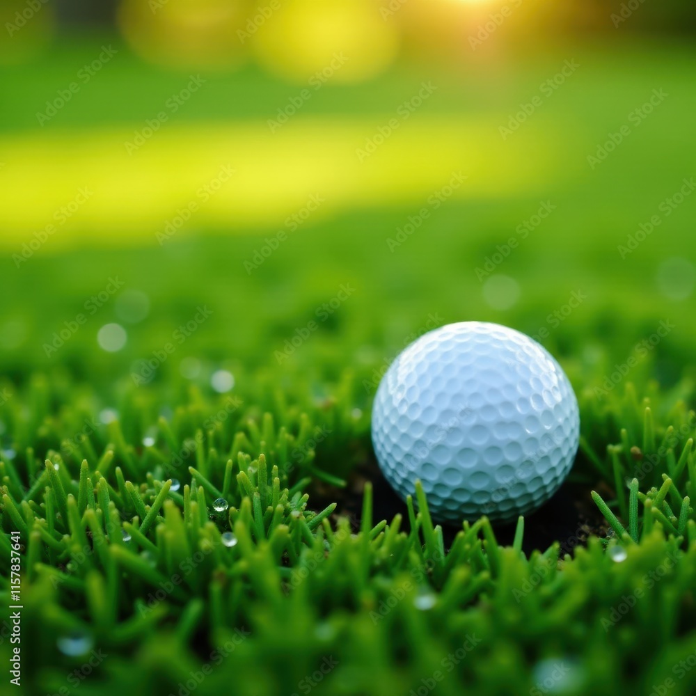 Golf ball partially buried in thick grass, morning dew, field, leaf, macro Golf ball partially buried in thick grass, morning dew, field, leaf, macro