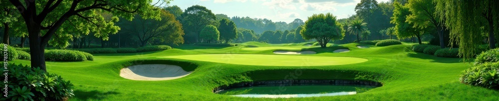 Island green, lush vegetation surrounds putting area , putting, holiday Island green, lush vegetation surrounds putting area , putting, holiday