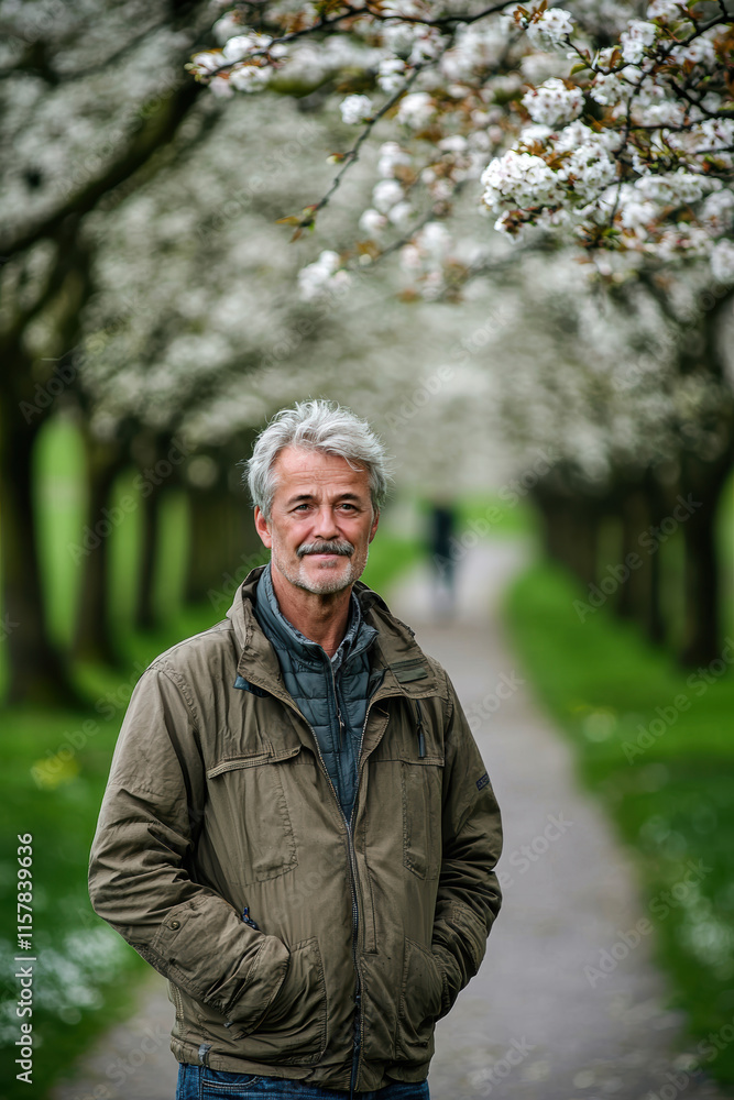 Middle Aged Man Enjoying Spring on a Blossoming Tree-Lined Park Path Middle Aged Man Enjoying Spring on a Blossoming Tree-Lined Park Path