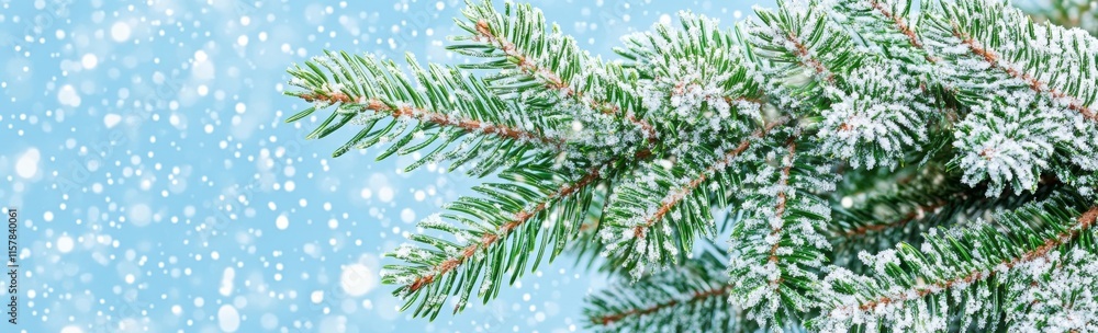 Snow fall in winter forest. Christmas new year magic. Blue spruce fir tree branches detail. Banner image Snow fall in winter forest. Christmas new year magic. Blue spruce fir tree branches detail. Banner image