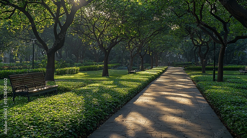 Obraz premium Sunlit park path with benches and lush greenery.