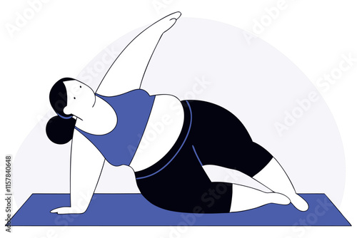 Girl plus size doing sport exercises. Body positive concept. Attractive overweight woman. Vector flat illustration