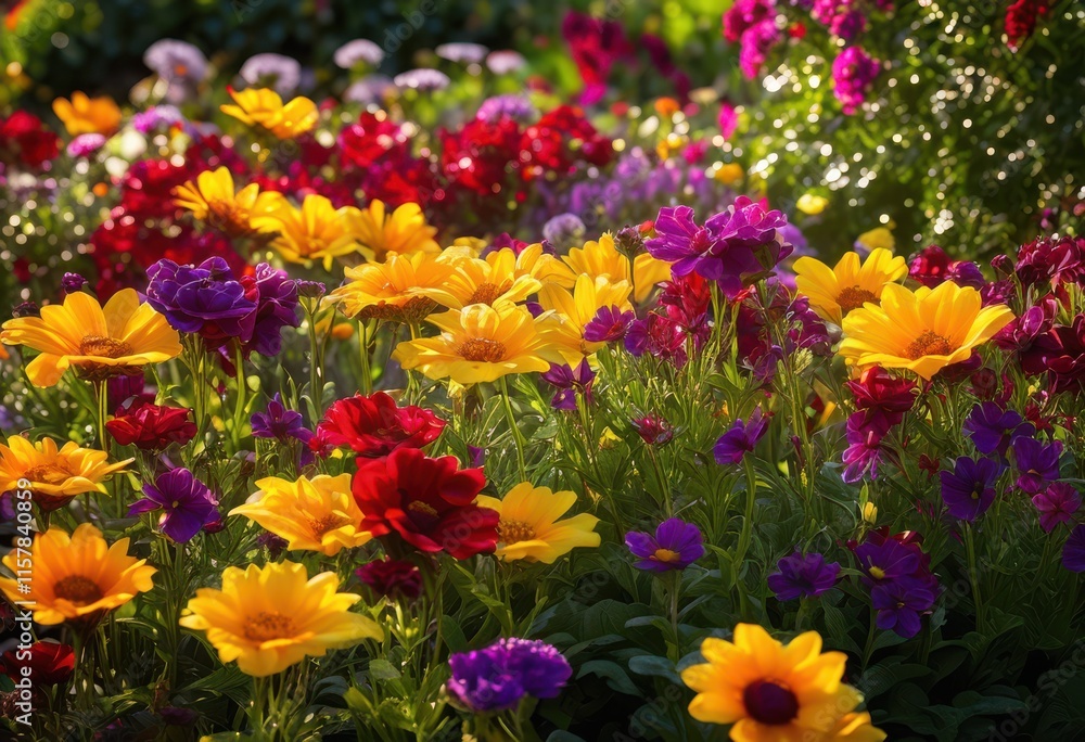 close vibrant flowerbed shimmering dew drops showcasing lush colors textures, bloom, petal, garden, leaf, plant, sunlight, nature, flora, blossom, scenic close vibrant flowerbed shimmering dew drops showcasing lush colors textures, bloom, petal, garden, leaf, plant, sunlight, nature, flora, blossom, scenic