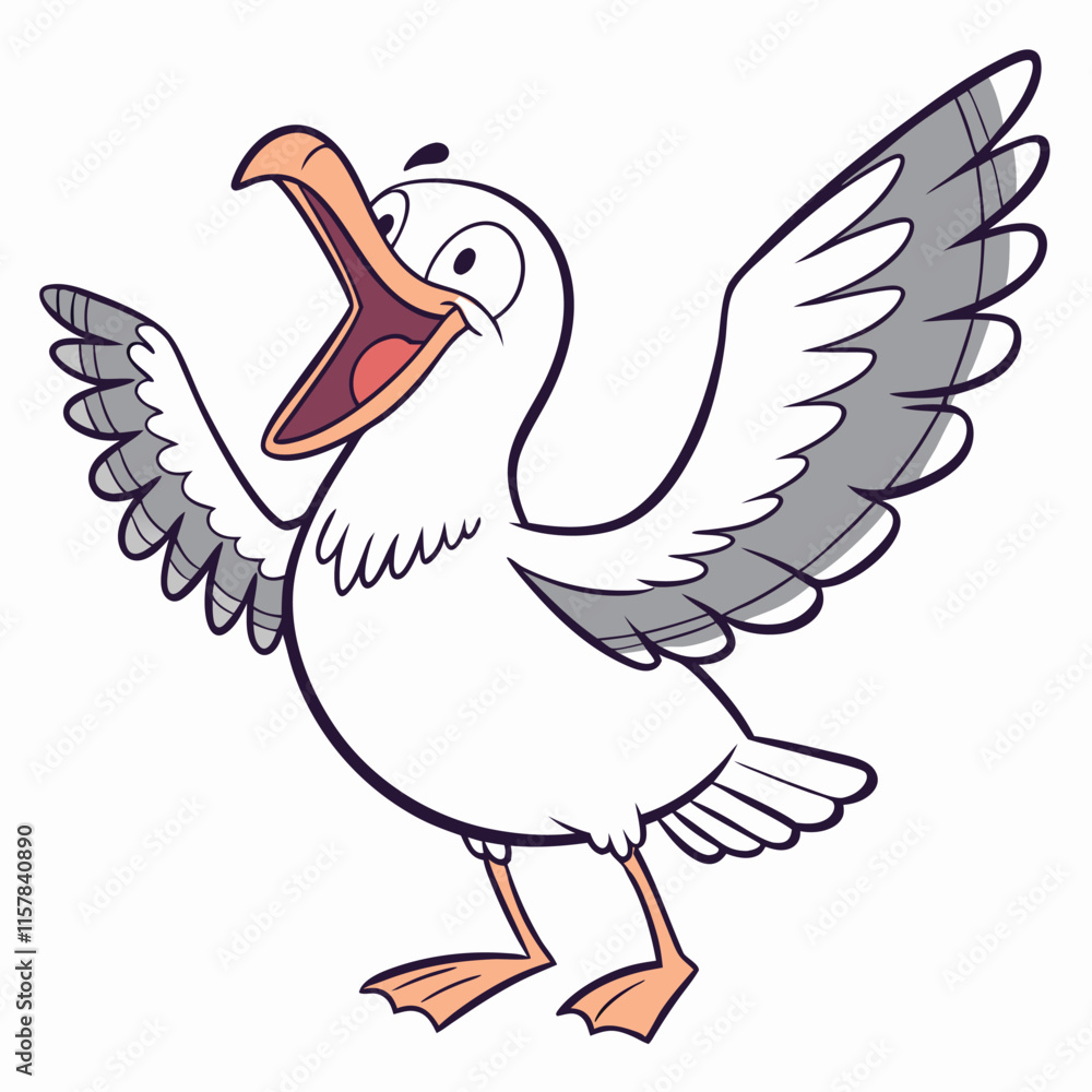 A gleeful seagull flying with an open beak and cheerful eyes A gleeful seagull flying with an open beak and cheerful eyes