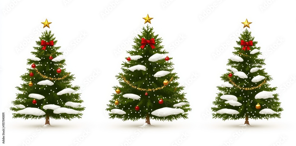 Fototapeta premium Modern illustration of a decorated Christmas tree in snow on a white background. Green, fluffy Christmas pine, isolated on white background
