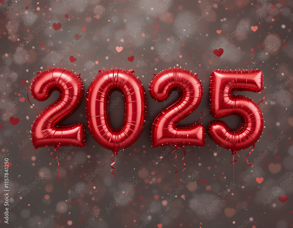 Text 2025 and happy new year on red heart shaped balloons. New year holiday and countdown concept Text 2025 and happy new year on red heart shaped balloons. New year holiday and countdown concept