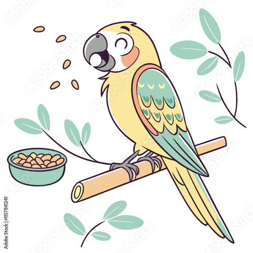 A happy parakeet sitting on a perch, nibbling on a seed Illustrator Artwork
