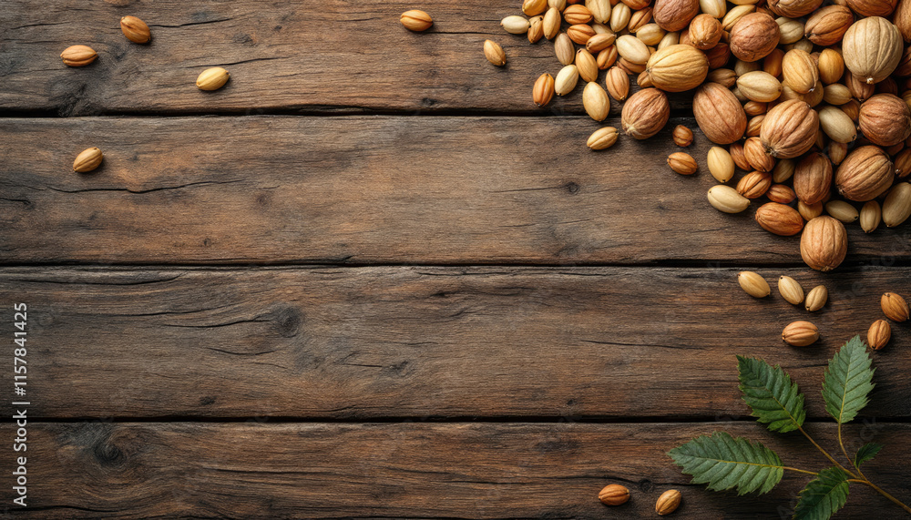 A rustic wooden surface displays a collection of nuts and seeds, including walnuts, hazelnuts, and pecans, with scattered leaves and a few scattered seeds. A rustic wooden surface displays a collection of nuts and seeds, including walnuts, hazelnuts, and pecans, with scattered leaves and a few scattered seeds.