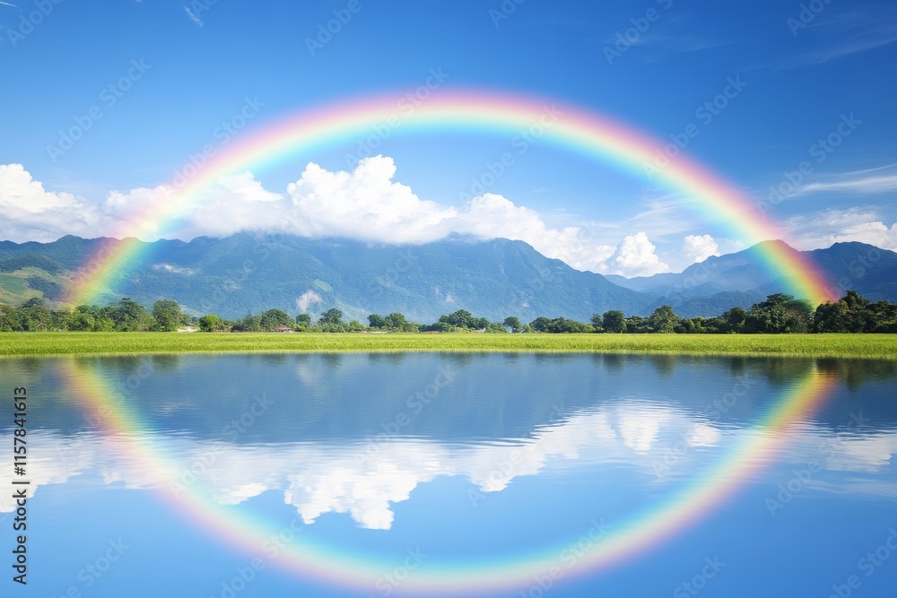 Naklejka premium A rainbow appears above a stormy sky in a rural area during the summer