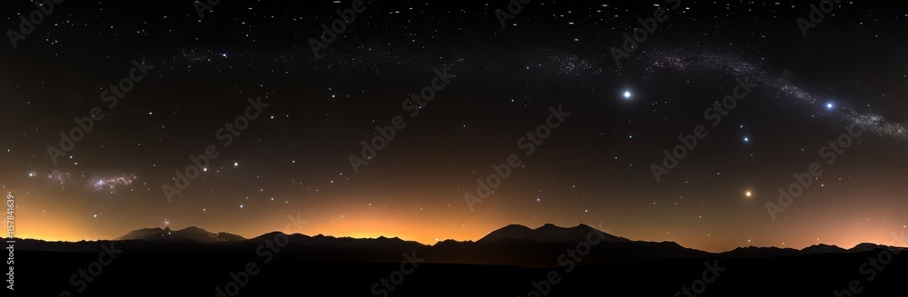 The starry sky arching over the Milky Way in the Alps, atop the Massif des Ecrins, at the Briancon Serre Chevalier ski resort, France. A panoramic view of the high mountain range and glaciers The starry sky arching over the Milky Way in the Alps, atop the Massif des Ecrins, at the Briancon Serre Chevalier ski resort, France. A panoramic view of the high mountain range and glaciers