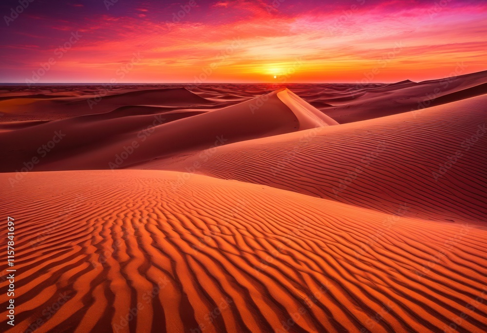 Naklejka premium vast expanses sand dunes under majestic sunset glow illuminate sky vibrant hues, desert, color, horizon, landscape, texture, shadow, orange, yellow, clouds
