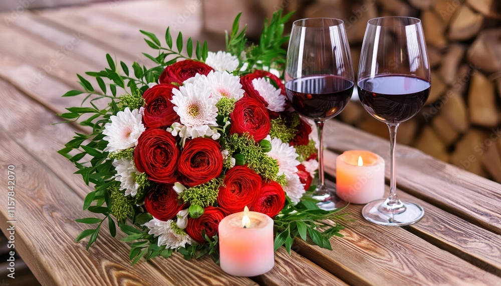 Romantic Dinner Setting with a Beautiful Bouquet of Flowers, Two Glasses of Red Wine, and Soft Candlelight for an Intimate Evening Together Romantic Dinner Setting with a Beautiful Bouquet of Flowers, Two Glasses of Red Wine, and Soft Candlelight for an Intimate Evening Together