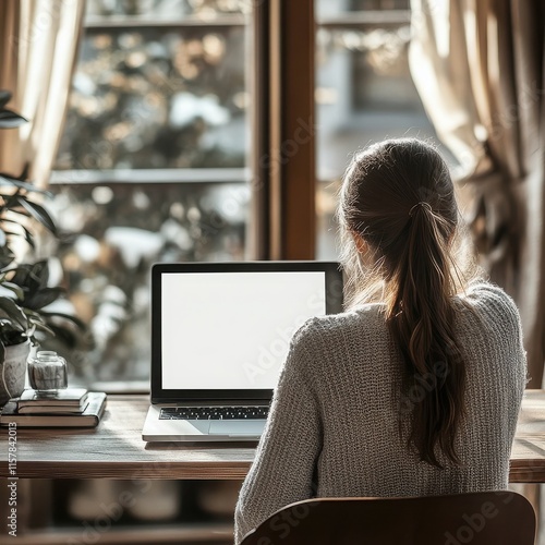 A woman working on a laptop at home, surrounded by natural light and plants, creating a serene and productive atmosphere. photo