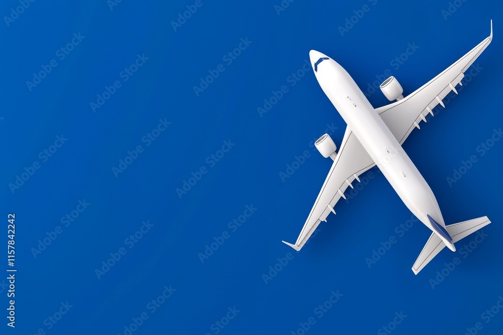 A flat lay travel concept featuring a plane on a blue background with ample copy space. A flat lay travel concept featuring a plane on a blue background with ample copy space.