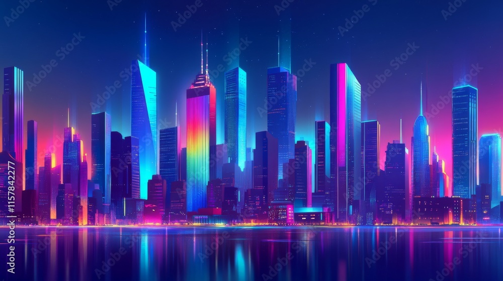 Vibrant Cityscape at Dusk with Reflections on Water Vibrant Cityscape at Dusk with Reflections on Water