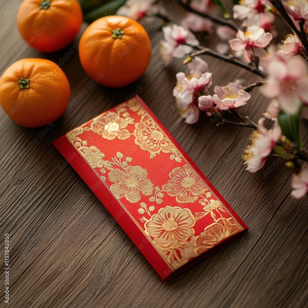 Red envelope with gold patterns, oranges, and plum blossoms on wooden table.
Red envelope with gold patterns, oranges, and plum blossoms on wooden table.