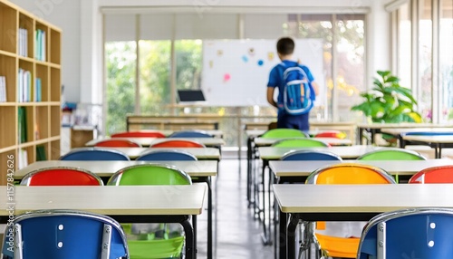 A serene and inviting school classroom setting, featuring a blurred background that captures the essence of elementary education, fostering a warm learning atmosphere for young minds. photo