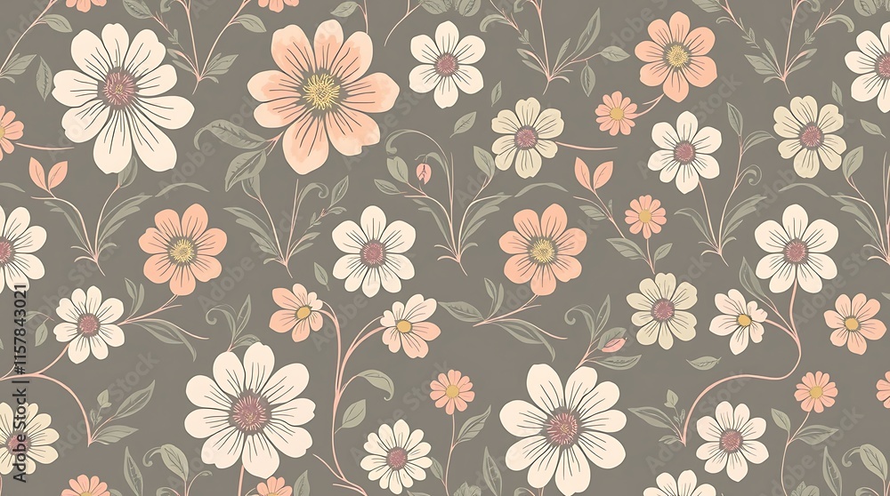 Floral Seamless Pattern: A delicate and enchanting floral pattern featuring pastel pink and white daisies on a soft brown background, creating a charming and timeless design. Floral Seamless Pattern: A delicate and enchanting floral pattern featuring pastel pink and white daisies on a soft brown background, creating a charming and timeless design.