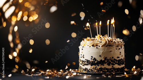 Vibrant celebration with falling gold confetti and streamers against a deep black backdrop