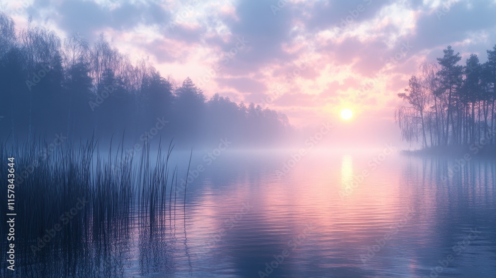 Fototapeta premium Lakeside enveloped in morning fog with pastel sunrise reflections and silhouettes.