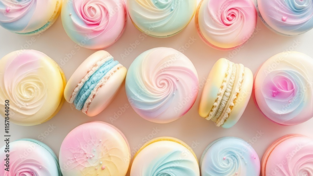  Overhead view of colorful macarons with pastel swirl designs on a plain white surface under soft lighting
