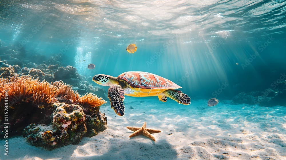 Obraz premium Colorful coral reef features vibrant fish and a turtle swimming among the sea life in clear blue waters