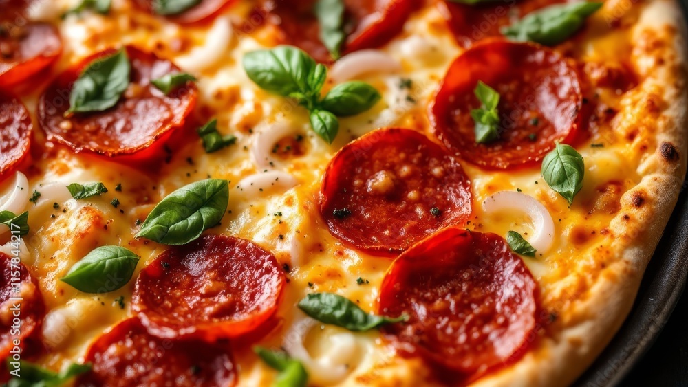 Close-up of a pepperoni pizza with basil and onions on a dark surface under warm studio light Close-up of a pepperoni pizza with basil and onions on a dark surface under warm studio light