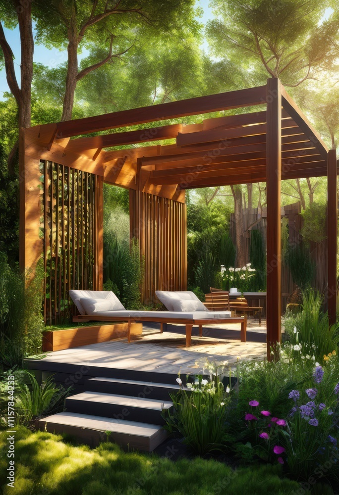 Fototapeta premium showcase creative modern outdoor structures nestled among lush vibrant greenery creating harmonious natural environment, architecture, landscape, design