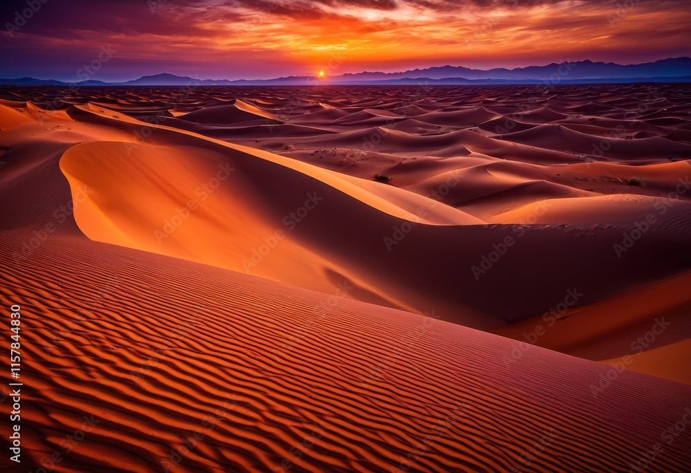 Naklejka premium vibrant desert dunes illuminated majestic sunset skies rich orange purple tones creating stunning natural landscape, sky, horizon, nature, texture, light