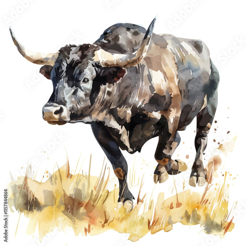 A watercolor drawing of a bull charging in a pasture, isolated on a white background. Bull vector.
