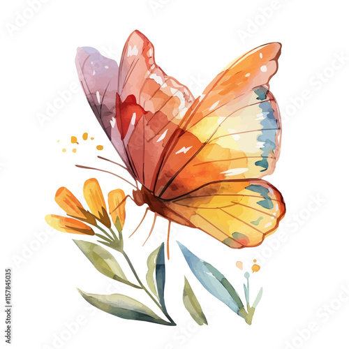 A watercolor vector of a butterfly resting on a flower, isolated on a white background. Butterfly vector.
