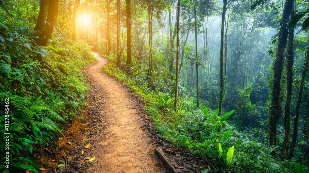 Fototapeta premium Winding Path Through Lush Forest with Soft Light