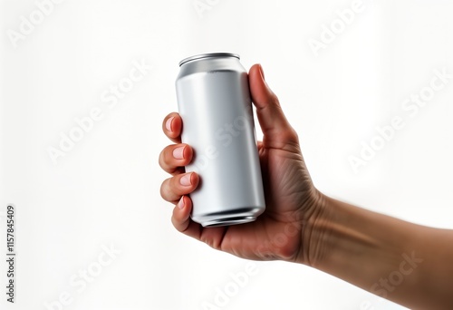 Hand holds aluminum drink. Empty against white background. Close-up view. Person holds beverage container. Image shows hand. Object ready for branding design. Adult hand shows care, holds beverage photo