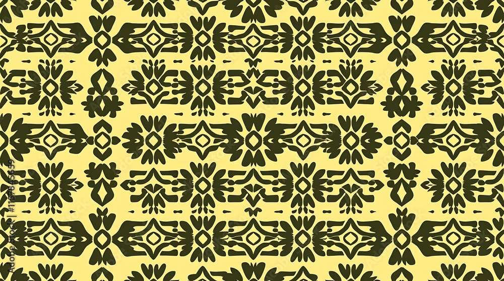 Geometric Ethnic Pattern: An abstract seamless pattern of geometric shapes and lines. The pattern is in shades of yellow and black, and features a repeating design of diamonds, triangles, and squares. Geometric Ethnic Pattern: An abstract seamless pattern of geometric shapes and lines. The pattern is in shades of yellow and black, and features a repeating design of diamonds, triangles, and squares.