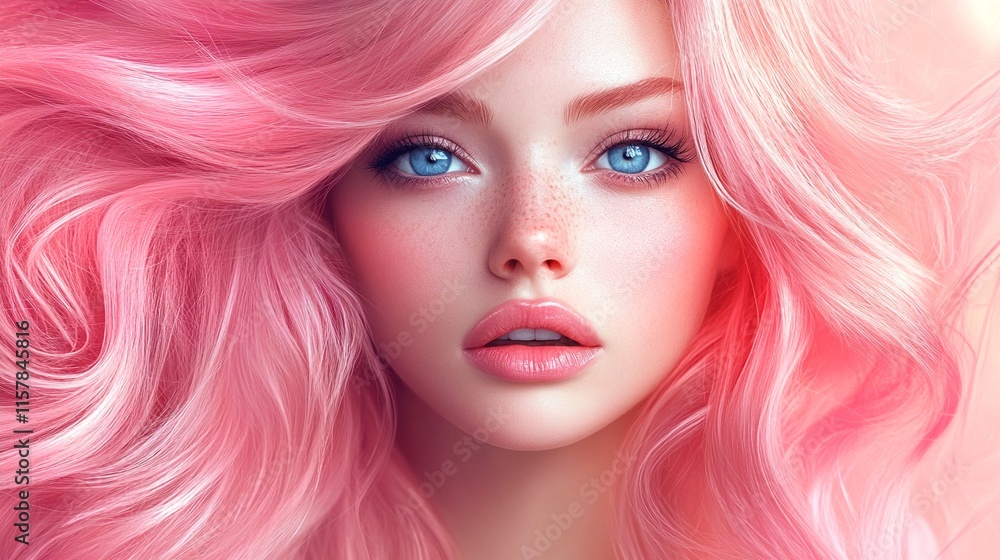 A close-up portrait of a woman with long pink hair and blue eyes. A close-up portrait of a woman with long pink hair and blue eyes.