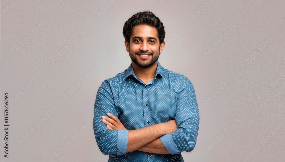 Smiling Indian businessman in casual attire standing with folded hands, exuding confidence and approachability, perfect for showcasing modern entrepreneurship and positive business relationships. Smiling Indian businessman in casual attire standing with folded hands, exuding confidence and approachability, perfect for showcasing modern entrepreneurship and positive business relationships.