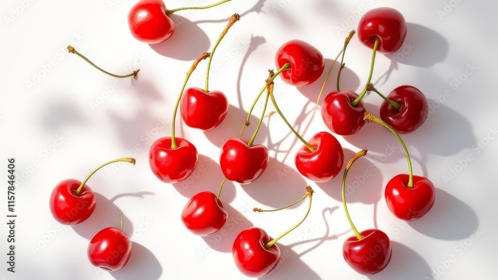 High-angle flat lay of several red cherries with stems on a white surface under bright natural light. High-angle flat lay of several red cherries with stems on a white surface under bright natural light.