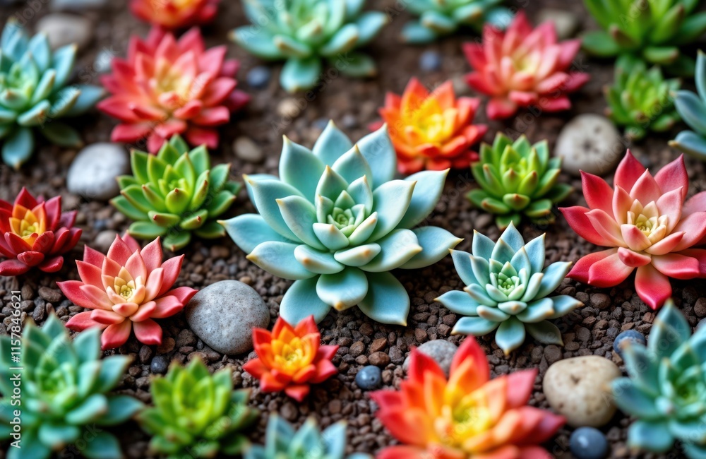 Obraz premium Colorful miniature succulents planted in garden. Variety of vibrant colors including reds oranges pinks greens, blues. Succulents on brown gravel. Miniature rocks add to garden scene. Plants look