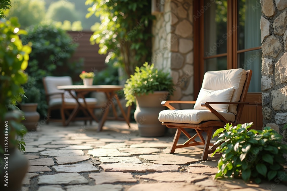 Obraz premium Serene Outdoor Patio with Comfortable Chairs and Potted Plants