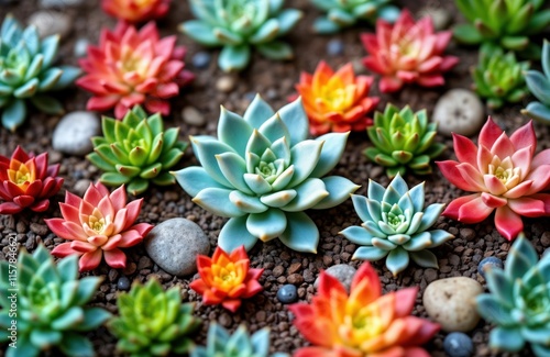 Wallpaper Mural Colorful miniature succulents planted in garden. Variety of vibrant colors including reds oranges pinks greens, blues. Succulents on brown gravel. Miniature rocks add to garden scene. Plants look Torontodigital.ca