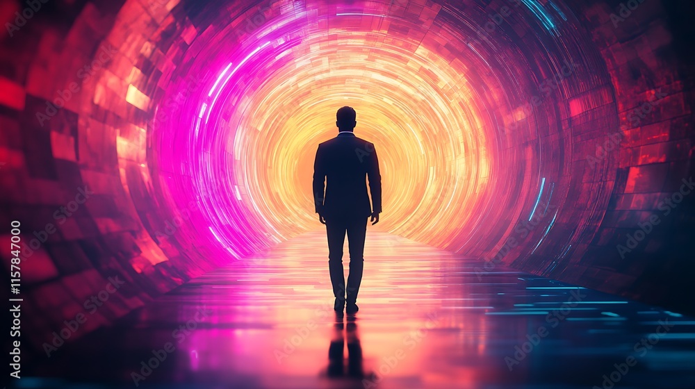 Vibrant Digital Painting: Man Walks Boldly into a Futuristic, Swirling Light Tunnel. AI Generated Vibrant Digital Painting: Man Walks Boldly into a Futuristic, Swirling Light Tunnel. AI Generated