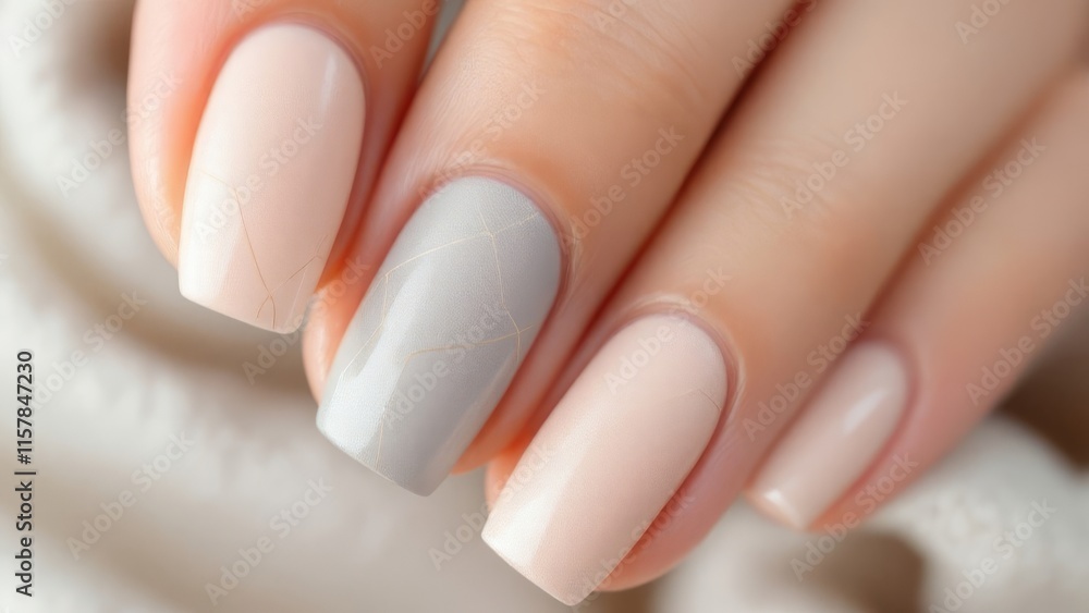 Extreme close-up of a hand with manicured nails featuring pale pink and gray colors with gold line details, under soft studio light, with a textured white background. Extreme close-up of a hand with manicured nails featuring pale pink and gray colors with gold line details, under soft studio light, with a textured white background.