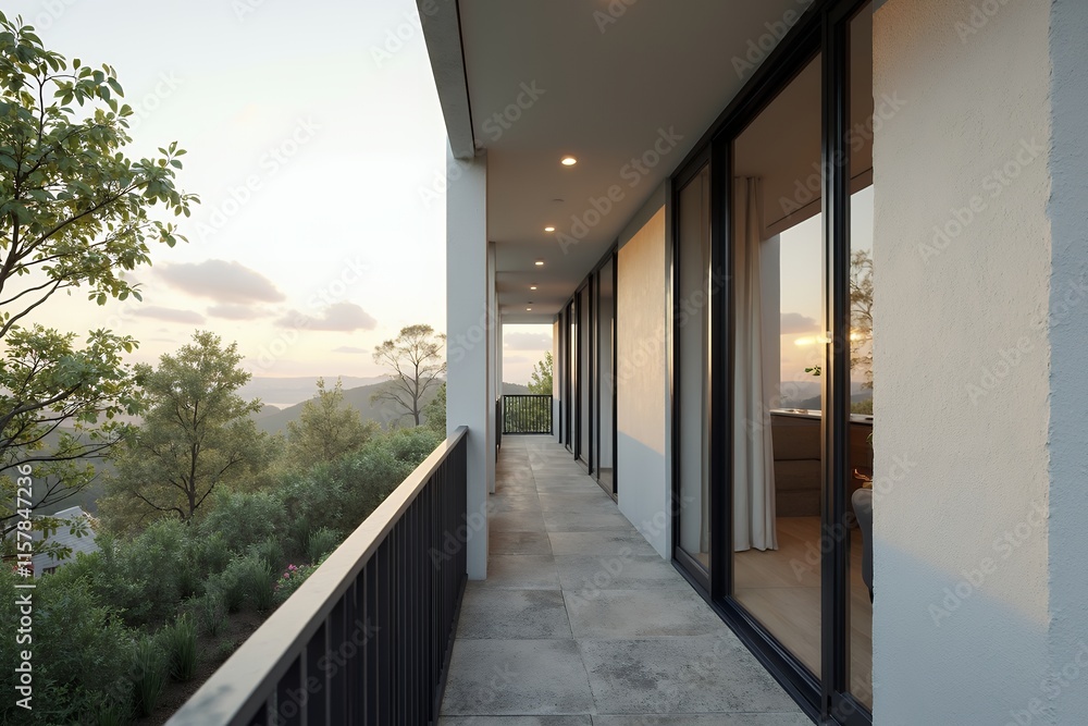 Modern Balcony View with Scenic Sunset Overlooking Nature Modern Balcony View with Scenic Sunset Overlooking Nature