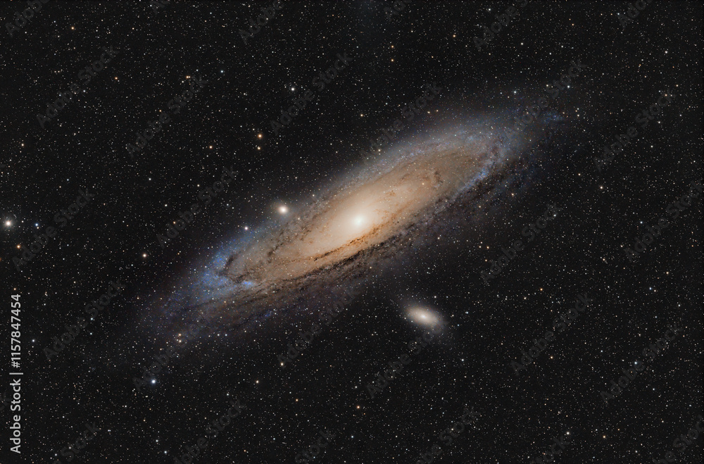 Fototapeta premium Andromeda Galaxy, M31. Long exposure and high resolution image, captured with an astronomic refractor Telescope. High quality photo