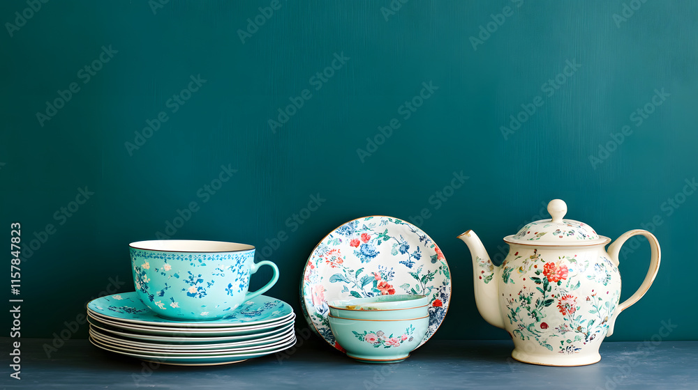 Fototapeta premium set of retro dessert plates, bowls, and teapot arranged beautifully